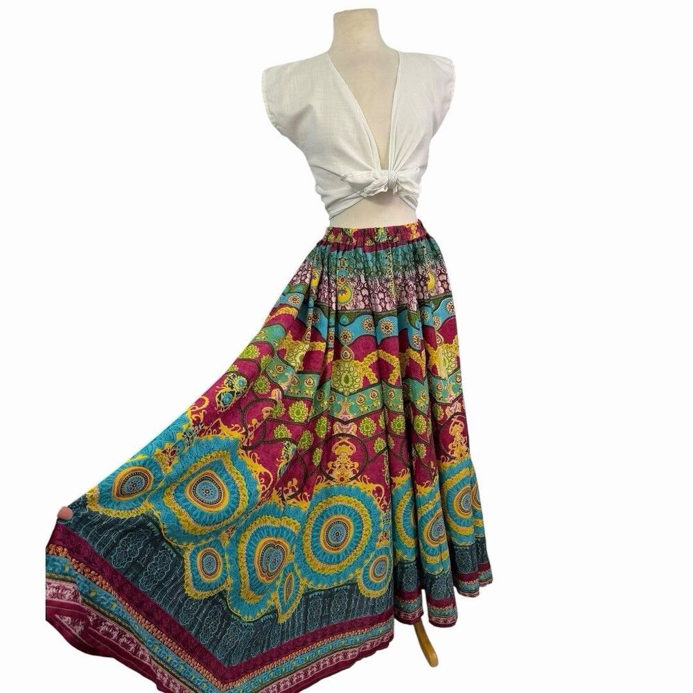 LaPogee Multi Print Boho Maxi Skirt Vibrant Mandala Paisley Festival Medium